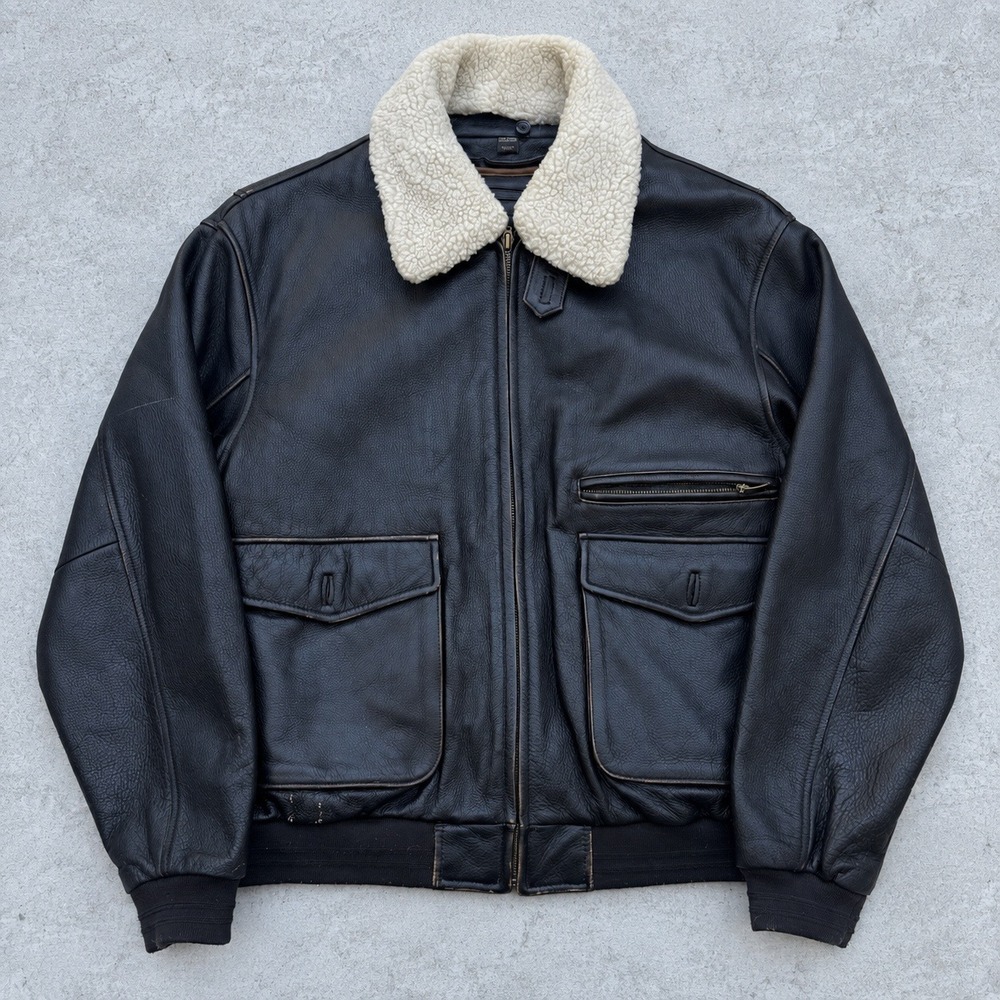 St Johns Bay Mens Leather Bomber Jacket Brown Detachable Shearling Collar L